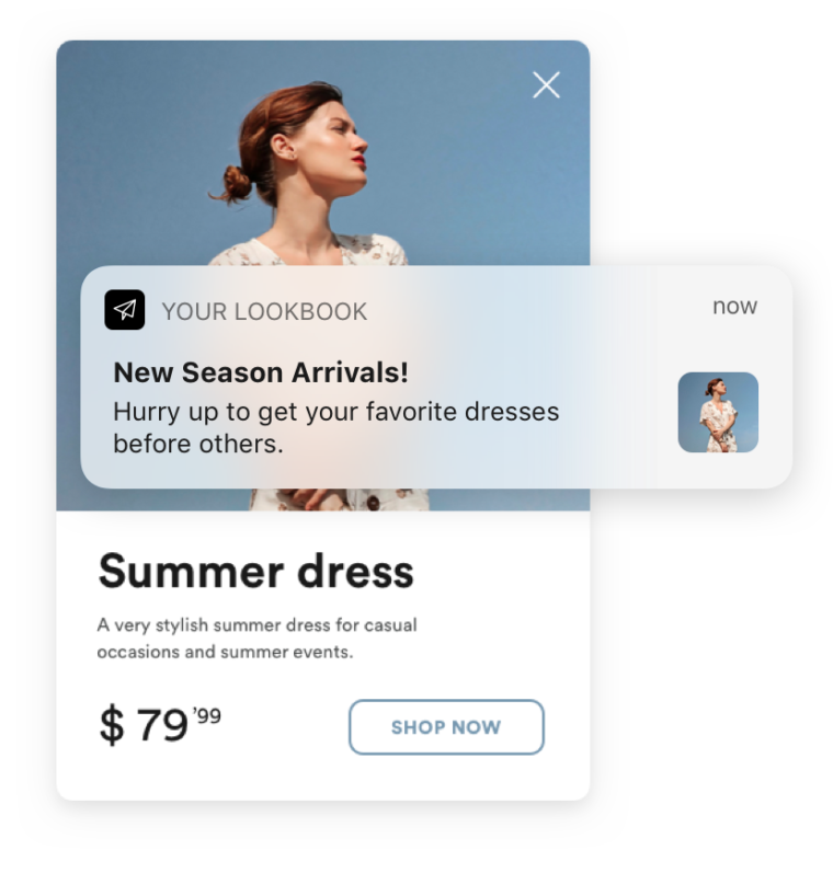 Examples of ecommerce and subscription promotions delivered through the Leanplum email and push notification channels