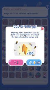 Screenshot of the Merge Mayor shortage offer. You can purchase 100 energy through the in-game currency, or get 25 by watching an ad.