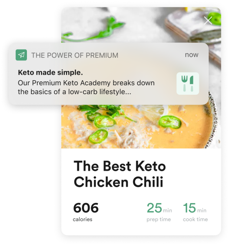 An example push notification and in-app message that can be sent through the Leanplum for promoting a recipe in a mobile app.